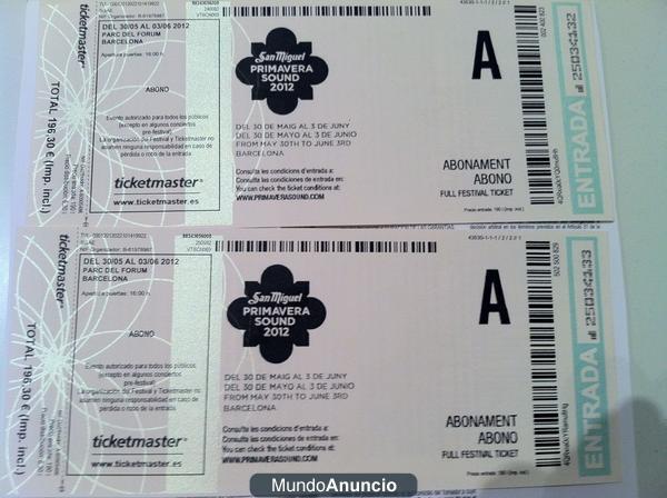 2 ABONOS PRIMAVERASOUND 150 EUROS