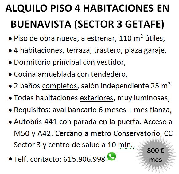 Alquilo piso nuevo de 4 habitaciones en Cerro Buenavista Sector 3 de Getafe