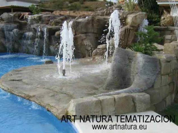 Decoraciones para piscinas y jardines, roca artificial, cascadas, jardineras, esculturas,