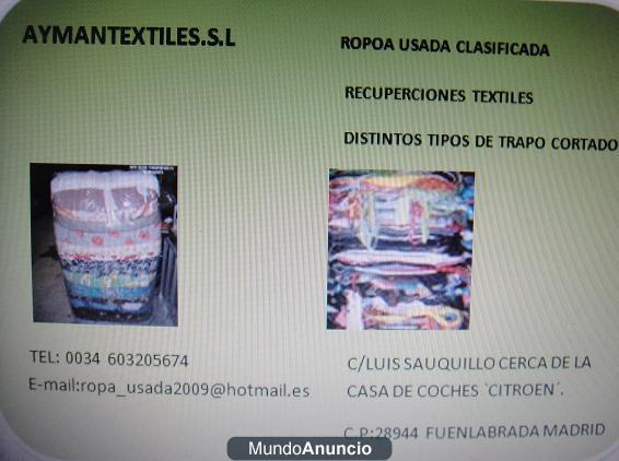 AYMANTEXTILES S.L VENTA & EXPORTACION DE ROPA USADA,TEL:603205674