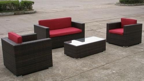 MUEBLES JARDIN SIROCO, 2 SILLONES + SOFA + MESA, ALUMINIO Y RATA