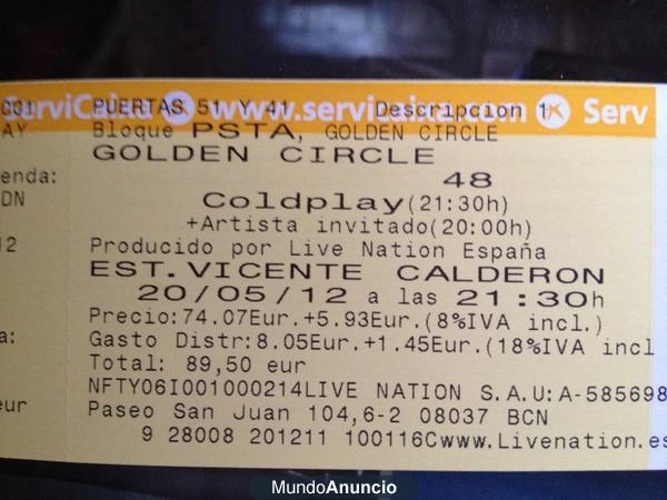 vendo boli y regalo 2 ENTRADAS GOLDEN CIRCLE COLDPLAY