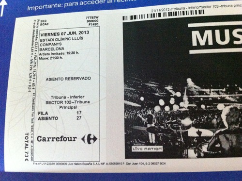 4 entradas Tribuna Principal MUSE Barcelona 07 JUN,2013