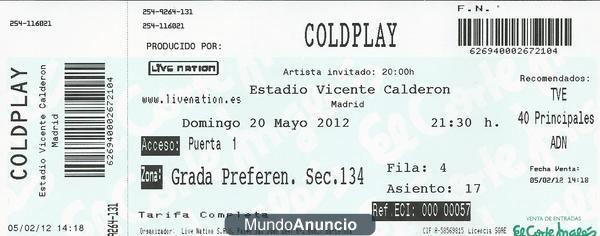 vendo 2 entradas para ver a Coldplay en Madrid 2012 mayo