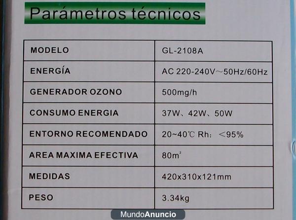 PURIFICADOR DE AIRE CON GENERADOR DE OZONO (PRODUCTO NUEVO)