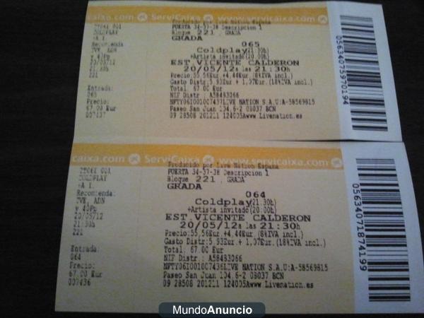 ENTRADAS COLDPLAY 20/05/2012 !