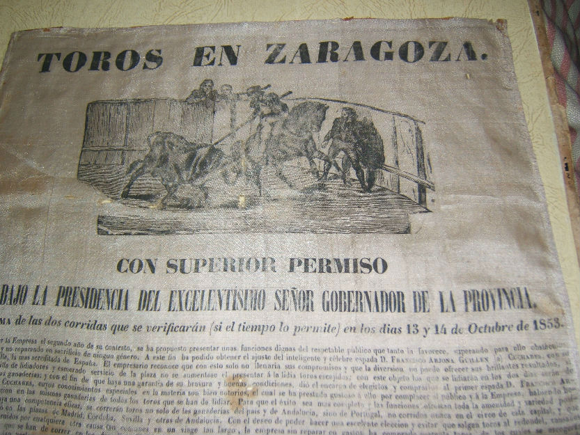 Cartel taurino 1853, impreso en seda. Fiestas del Pilar de Zaragoza