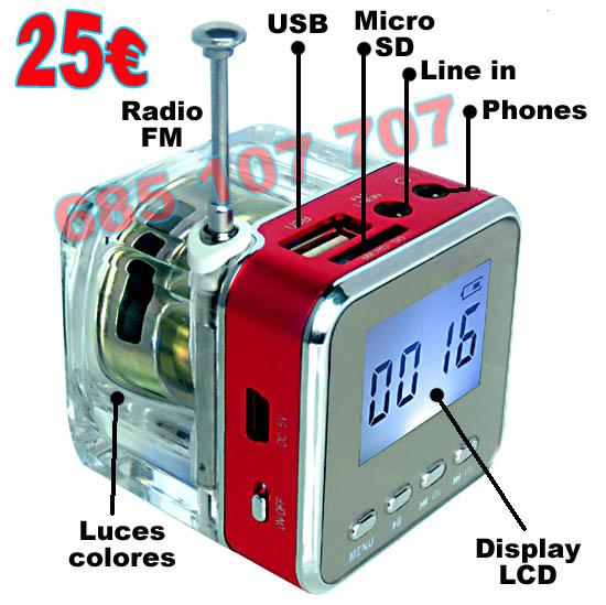 Reproductos MP3 con luces discoteca Radio FM, USB, Micro SD