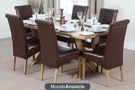 6ft x 3ft Solid Oak Crossed Leg Dining Table with 6 Scroll Back Brown Leather Chairs