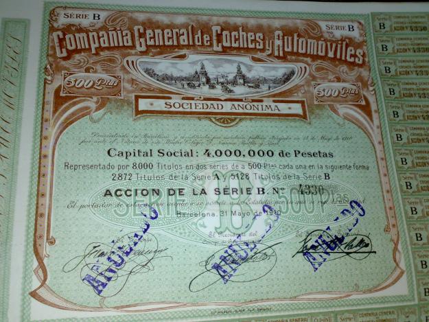 100 ACCIONES COMPAÑIA GENERAL DE COCHES Y AUTOMOVILES 1910