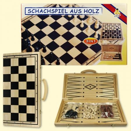 Set 3 en 1 (ajedrez, damas, backgammon), madera, tabla de 47x48 cm