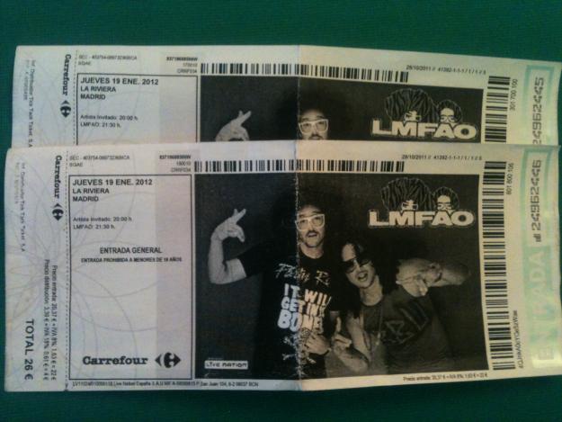 DOS ENTRADAS CONCIERTO LMFAO 16 MARZO 2012 MADRID