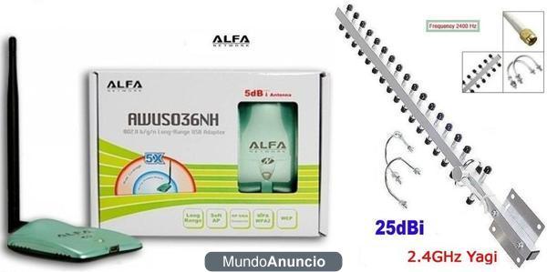 Adaptador Wifi Alfa N 2000mW Awus036NH + Antena Yagui 25 Dbi