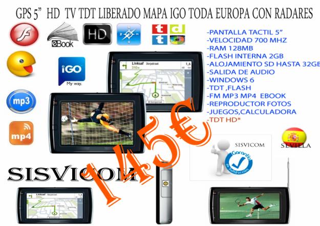 GPS 5”  HD  TV TDT LIBERADO MAPA IGO TODA EUROPA CON RADARES