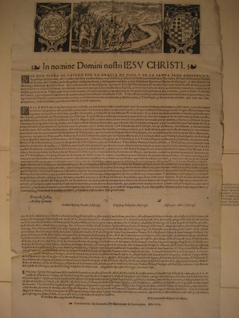 FALLO DEL ARZOBISPO DE GRANADA EN FAVOR DE LAS RELIQUIAS ENCONTRADAS EN LA CIUDAD.AÑO1614