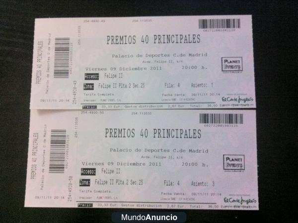 Vendo 2 entradas Premios 40 Principales 2011