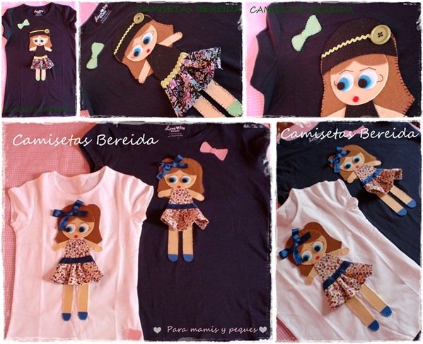 camisestas con apliques en fieltro y tela en muñeca