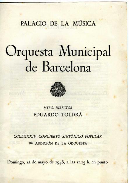 Programa año 1946 de actuación de la Orquesta Municipal de Barcelona