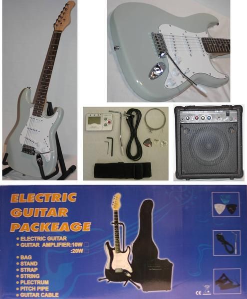 KIT GUITARRA ELECTRICA STRATOCASTER GRIS Y AMPLI