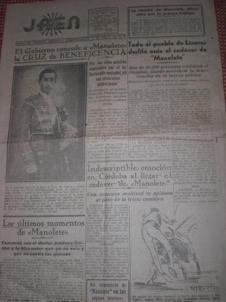 Portada ORIGINAL  de el Diario de Jáen de la muerte de manolete