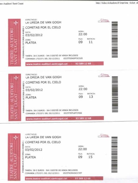 VENDO ENTRADAS PARA CONCIERTO EN SANT CUGAT, BARCELONA