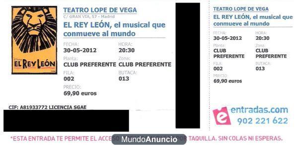 Vendo 2 entradas musical EL REY LEON 30/5/12