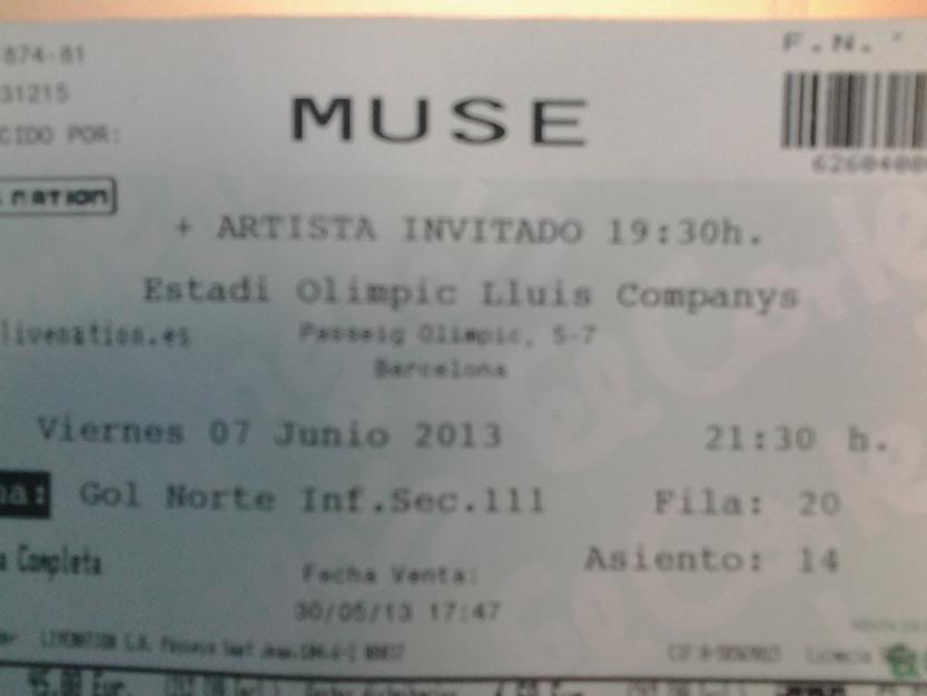 Vendo entrada por concierto Muse - Viernes 7 de junio - Estadio Olímpico de Montjuic