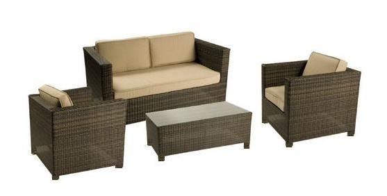 MUEBLES JARDIN, 2 SILLONES + SOFA + MESA, ALUMINIO Y RATAN CHOCO