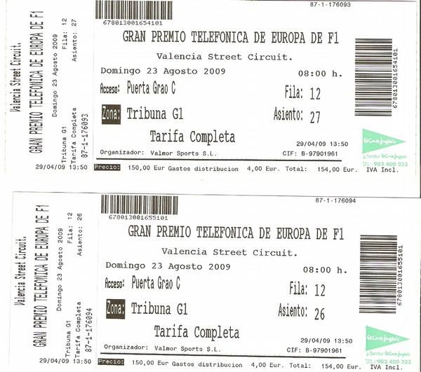 VENDO 2 ENTRADAS F1 GRAN PREMIO VALENCIA 2009