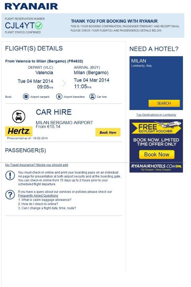 Ticket vuelo de ryanair Valencia-Milán (Bérgamo) por 134,99€ 04.03.2014