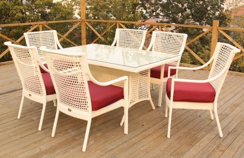 SET GLAMOUR, 6 SILLONES + MESA, ALUMINIO Y RATN BLANCO