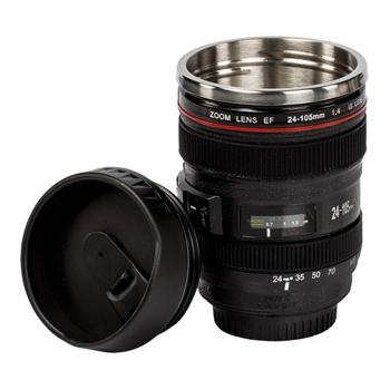 Taza termo con forma de objetivo fotográfico