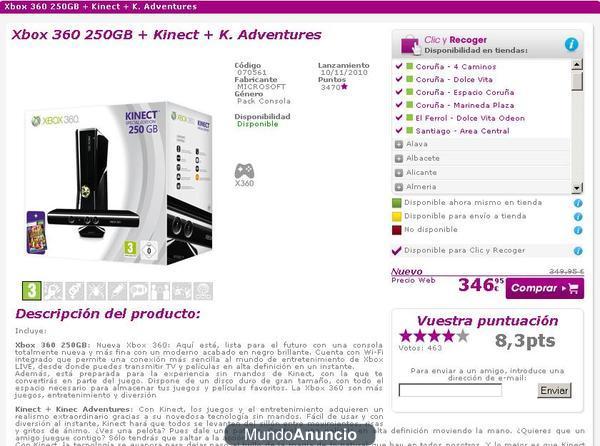 Xbox 360 250GB + Kinect + K. Adventures