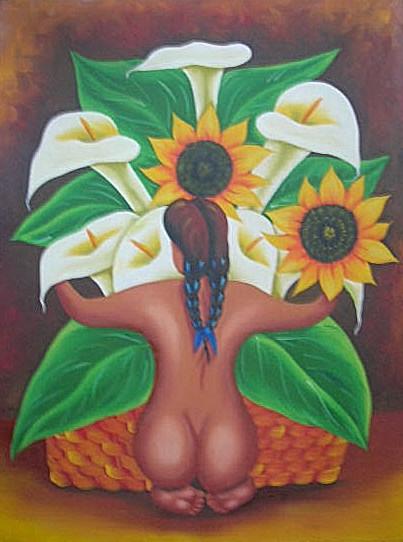 Pintura oleo lienzo marco cuadro artesania mexico india calas y girasoles