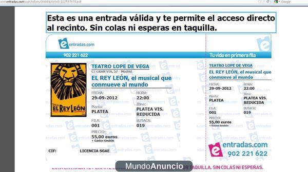 Vendo 2 Entradas para Musical Rey Leon