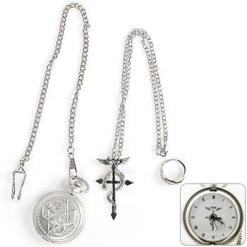 Reloj de bolsillo de diseño de anime Fullmetal Alchemist, anillo y collar conjunto