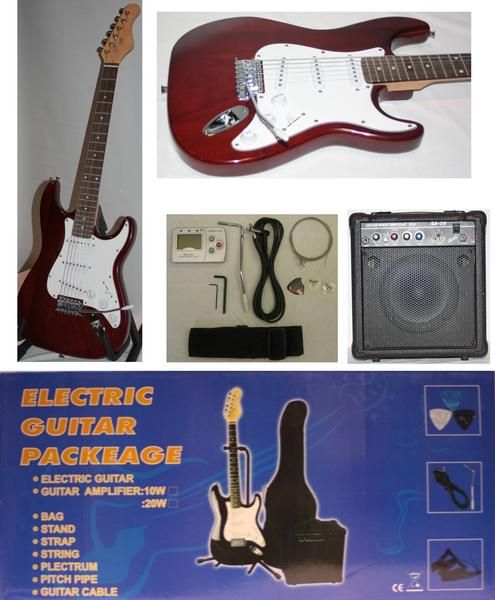 KIT GUITARRA ELECTRICA ST ROJO BURDEOS  Y AMPLI