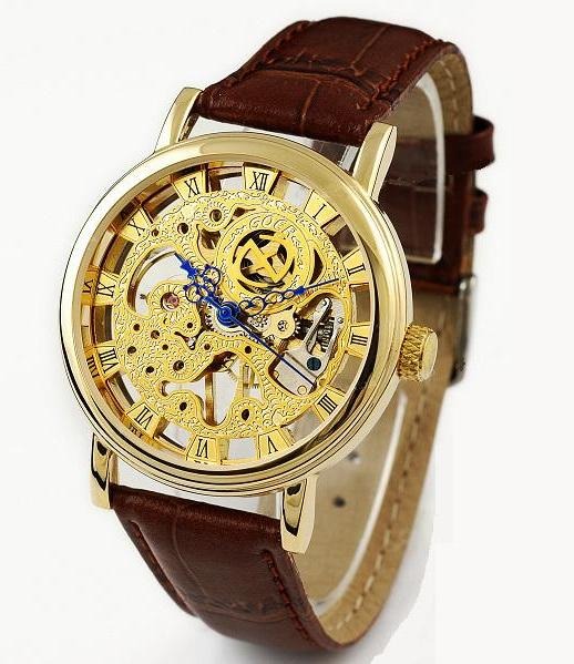 Goer hombre reloj pulsera mecanico ahuecado dorado correa cuero mod.0509